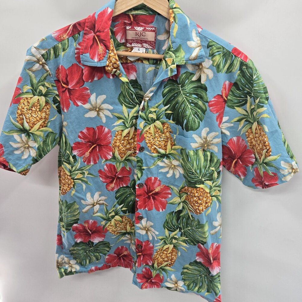 Vintage RJC Blue Floral Hibiscus Pineapple 90s Cotton Button Down Shirt Small